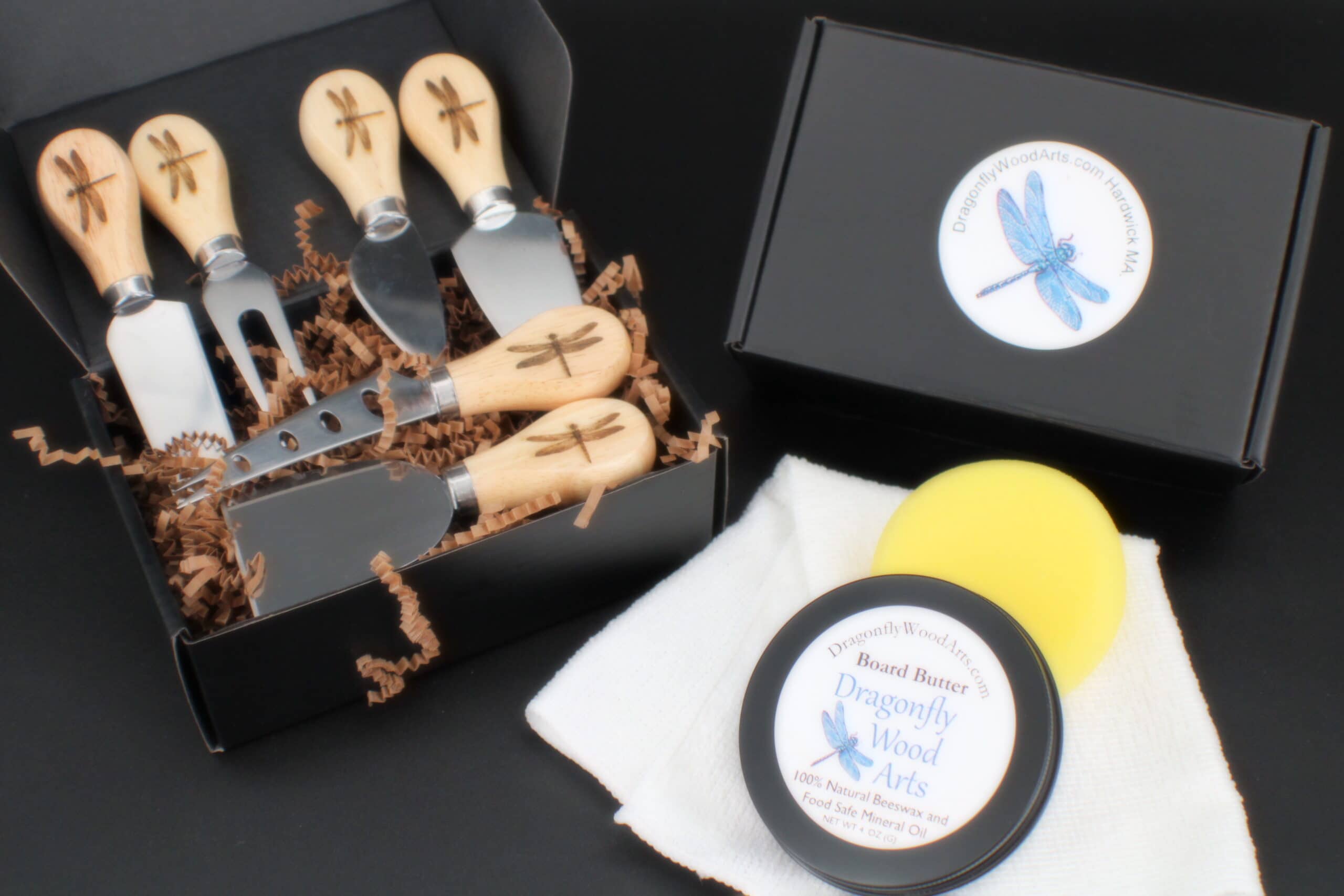 6-piece dragonfly engraved charcuterie set with board butter care kit