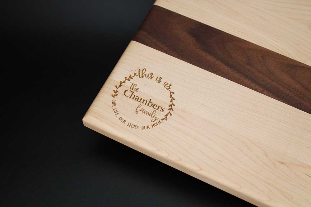 Maple and walnut wood cutting board featuring personalized custom laser engraving dragonfly wood arts