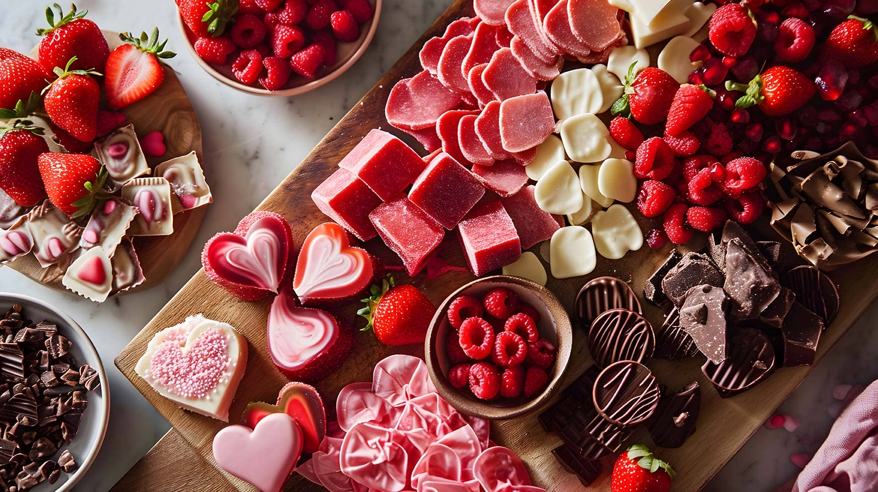 Personalized Valentine's Day charcuterie board with an array of delightful treats, including sweets, strawberries, chocolate, and cookies. This thoughtfully crafted board offers a traditional and romantic snacking experience, making it an ideal choice for personalized gifts.